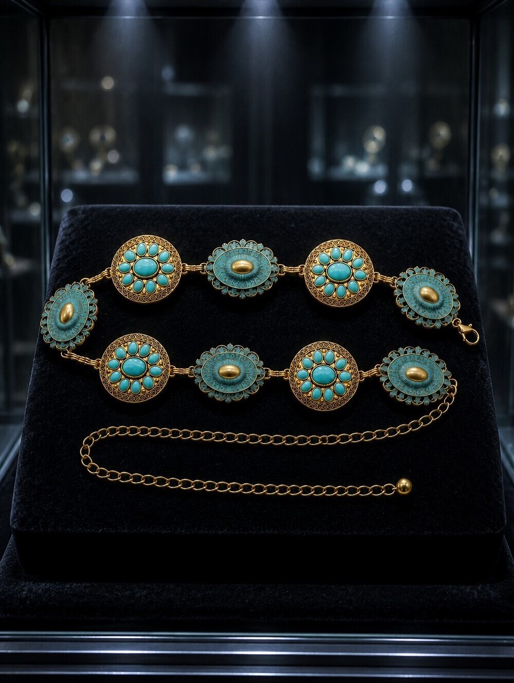 Gold-Tone Belt with Turquoise Floral Medallions — Women's Accessories - Picture 7 of 8